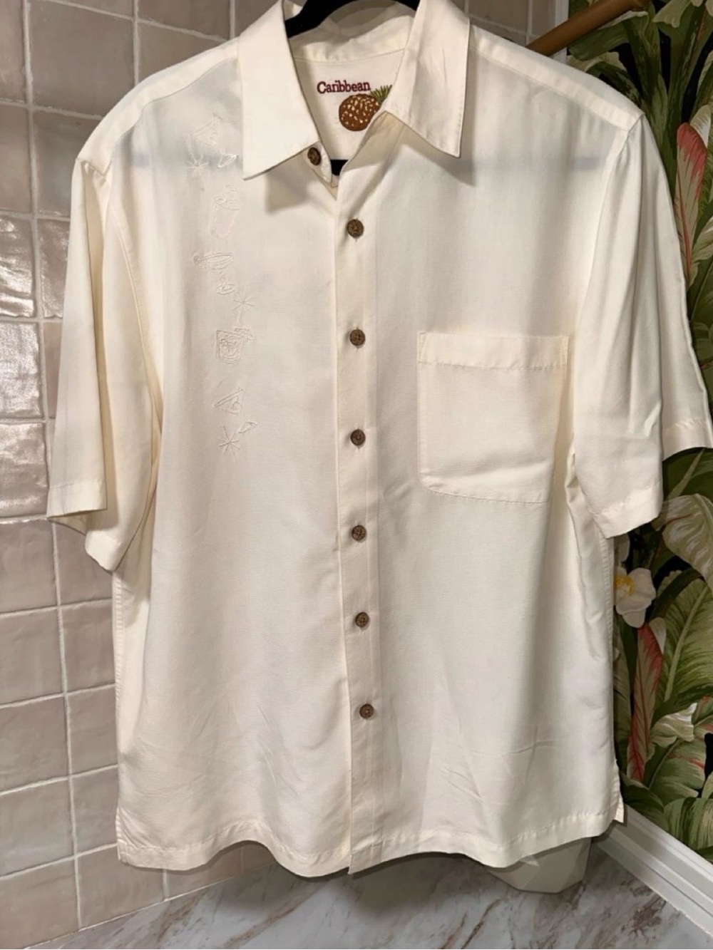Caribbean Brand Cream Short Sleeve Button-Down Shirt with Embroidered Detail